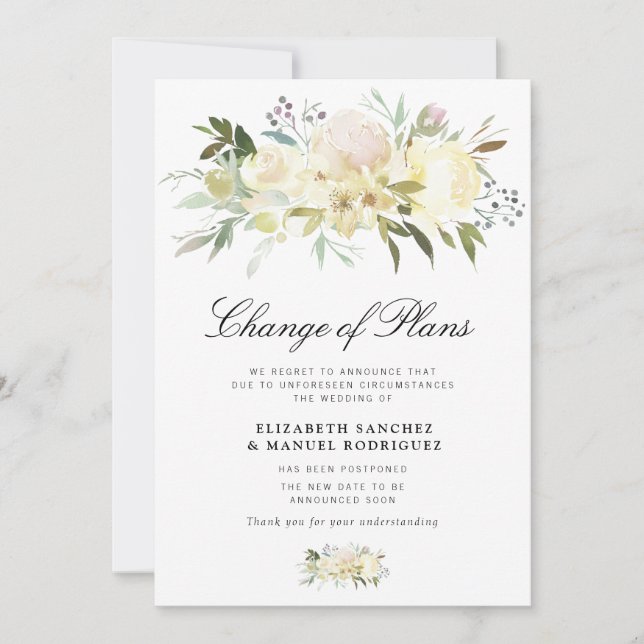 cartão de casamento floral de marfim adiado (Frente)