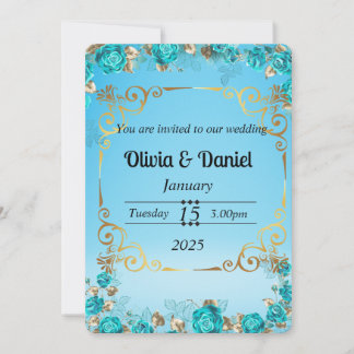 cartão de casamento floral dourado azul bebê claro