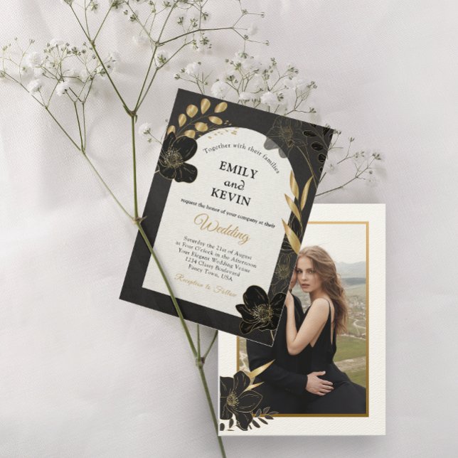 Cartão de casamento Floral e Branco Elegante e Dou (Elegant White and Gold Floral Photo Wedding card)