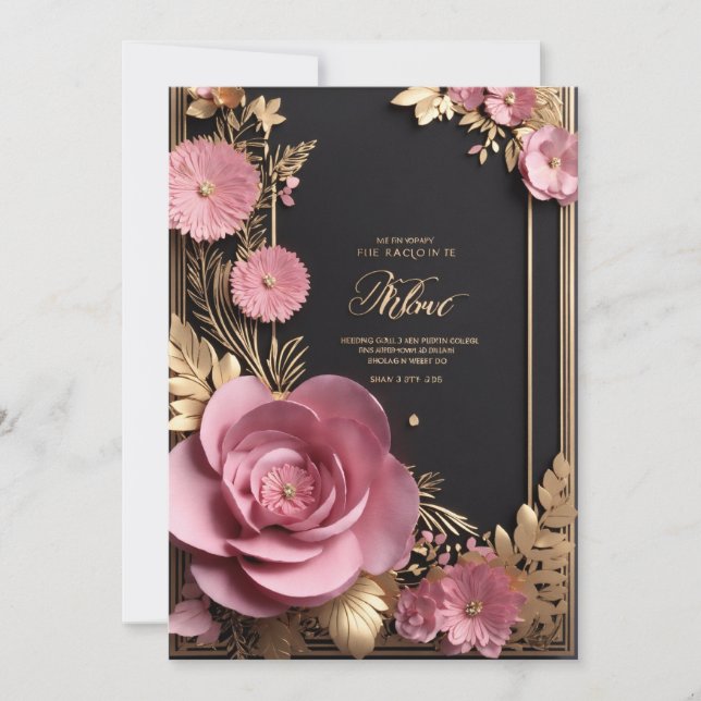Cartão de casamento floral preto cor-de-rosa 3d (Frente)