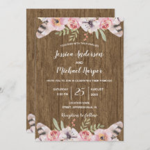 Cartão de Casamento Floral Rustic Boho Wood