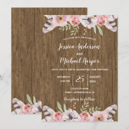Cartão de Casamento Floral Rustic Boho Wood