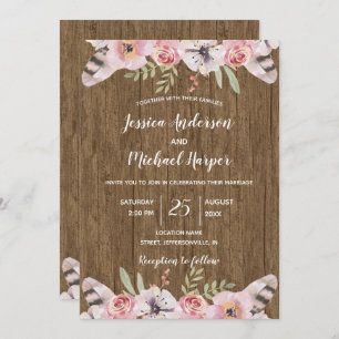Cartão de Casamento Floral Rustic Boho Wood