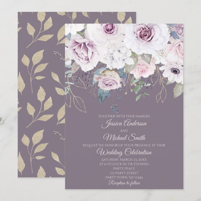 Cartão de Casamento Floral Violet Rosa Dourado LEA (Frente/Verso)