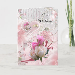 Cartão de Casamento Flores Rosas Anéis