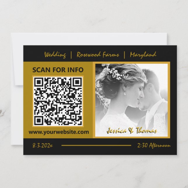 Cartão de Casamento Moderno, Código QR, Foto, Pret (Frente)
