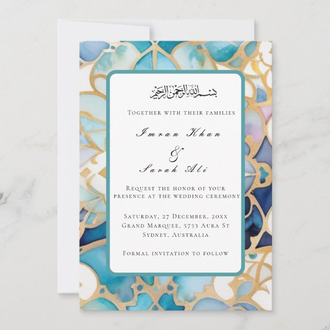Cartão de casamento muçulmano em turquesa antiga a (Frente)