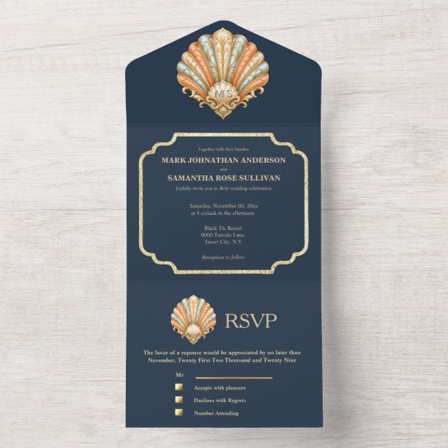 Cartão de Casamento Navy Gold Seashell Luxo Costei (Interno)