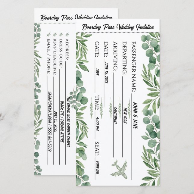 Cartão de Casamento Passagem de Embarque Garden Gr (Frente/Verso)