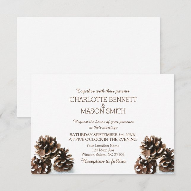 Cartão de Casamento Pinecone e Flocos de Neve (Frente/Verso)