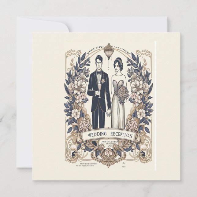 cartão de casamento retrô preto e branco (Frente)