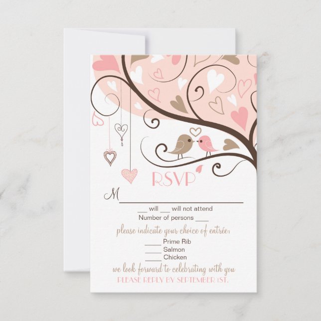 Cartão de Casamento RSVP de Aves Rosa e Castanhas (Frente)