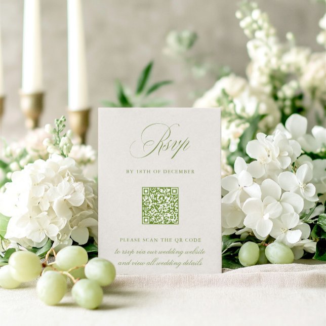Cartão de Casamento RSVP de Código QR de Sage Gree (Sage Green & Beige QR Code RSVP Wedding Card)