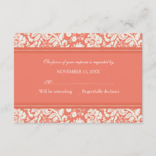 Cartão de Casamento RSVP de Creme e Coral Damask