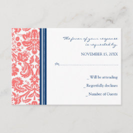Cartão de Casamento RSVP de Damasco Azul Coral