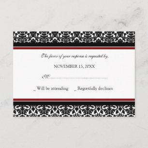 Cartão de Casamento RSVP de Damasco Negro Vermelho