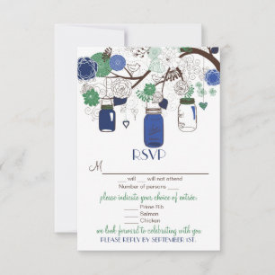 Cartão de Casamento RSVP de Mason Floral Azul e Ve