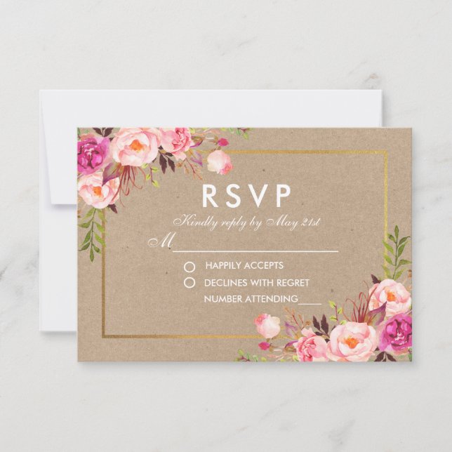 Cartão de Casamento RSVP Dourado Floral de Blush K (Frente)