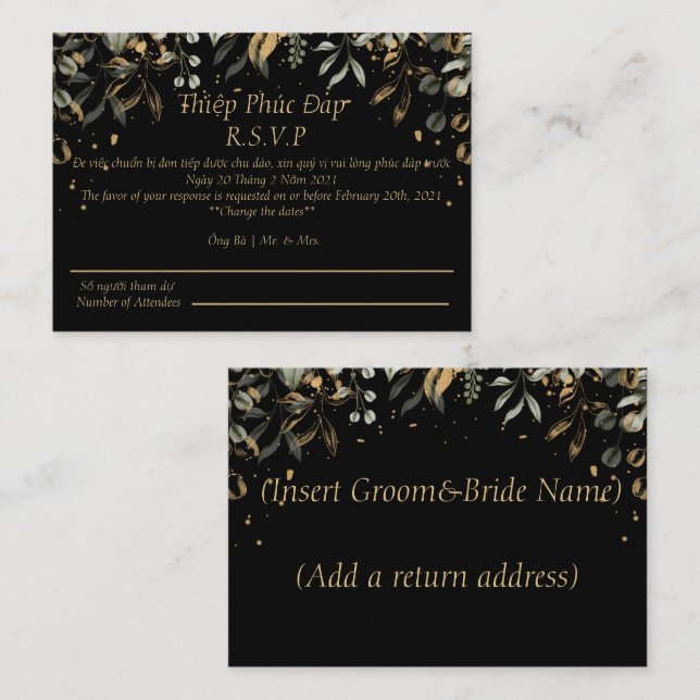 Cartão de casamento RSVP Preto/Dourado Inglês/Viet (Frente/Verso)