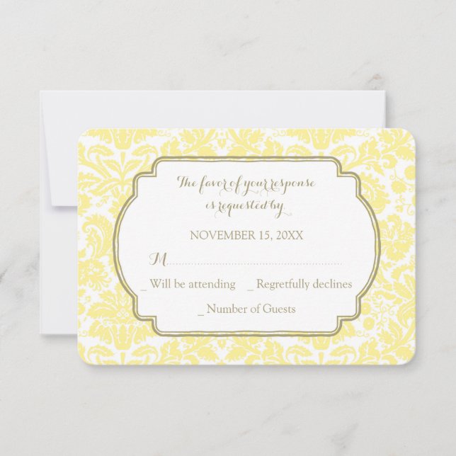 Cartão de Casamento RSVP RSVP de Damasco Amarelo (Frente)