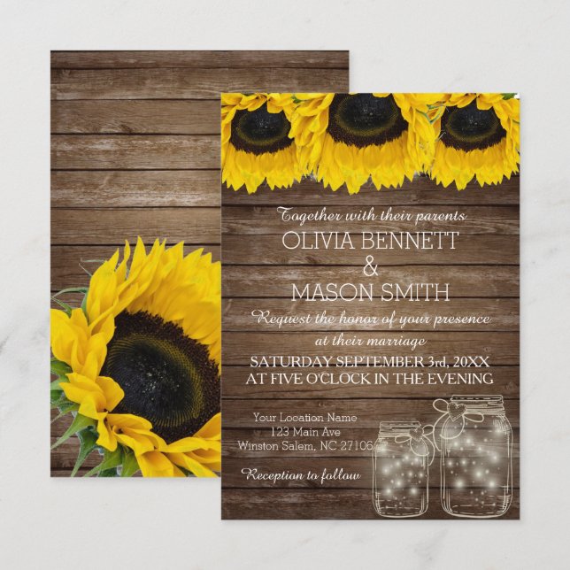Cartão de Casamento Russo Mason Jar Sunflower (Frente/Verso)
