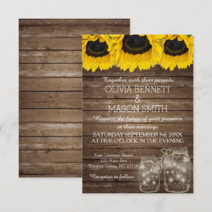 Cartão de Casamento Rustic Mason Jar Sunflower