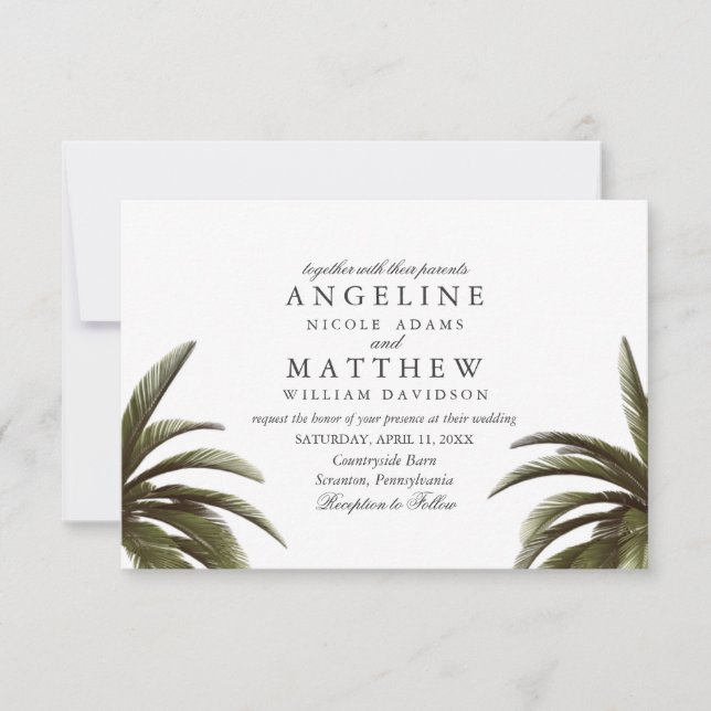 Cartão de Casamento Verde da Árvore Tropical Palm (Frente)