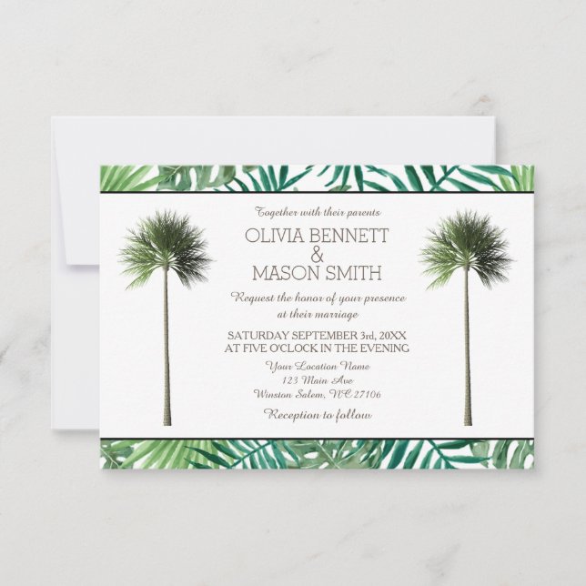 Cartão de Casamento Verde da Árvore Tropical Palm (Frente)