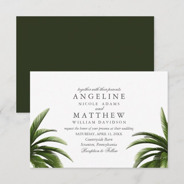 Cartão de Casamento Verde de Palma Tropical (Frente/Verso)