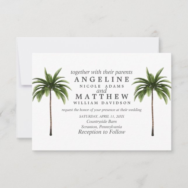 Cartão de Casamento Verde de Palma Tropical (Frente)