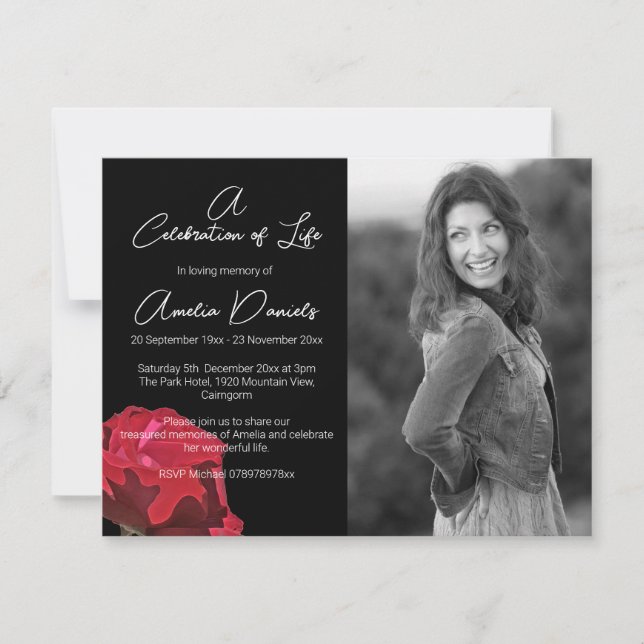 Cartão de Celebração da Vida com Rosa Vermelha em  (Frente)
