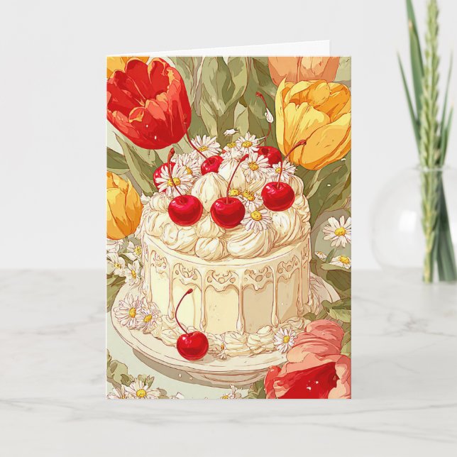 Cartão de Celebração de Aniversário com Bolo Fofo (Frente)