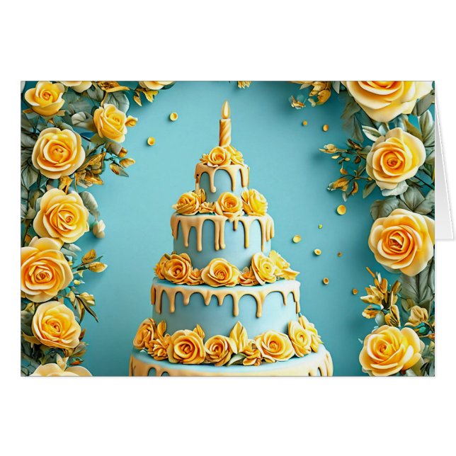 Cartão de Celebração de Bolo de Aniversário com Ro (Frente Horizontal)