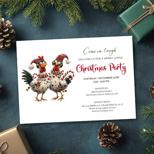 Cartão de Celebração de Férias com Galinhas Engraç (Funny Chickens Hand Drawn Holiday Celebration Invite)