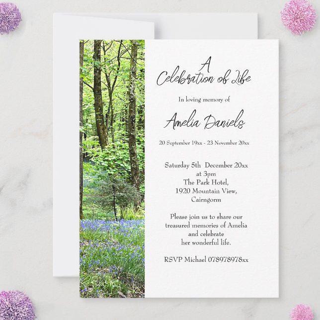 Cartão de Celebração de Vida do Bosque de Bluebell (Woodland burial Celebration of Life Cards)