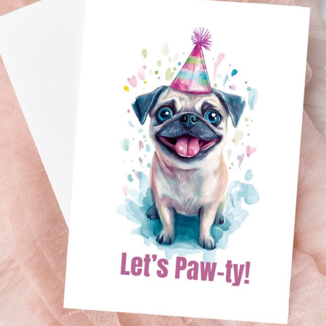 Cartão de Celebração Pug “Vamos Fazer uma Festa co (Cute Pug Blank Greeting Card)