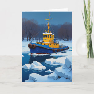 Cartão de Cena de Barco de Inverno Vibrante