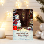 Cartão de Cena de Natais vintages Snowman<br><div class="desc">Este é um cartão de saudação de Natal adorável para enviar aos seus clientes, fornecedores ou clientes. A carta apresenta uma cena de um bonitinho bonitinho bonitão com presentes na porta da frente de uma casa em uma imagem de aquarela vintage. Todo o texto no cartão é personalizável. Se você...</div>