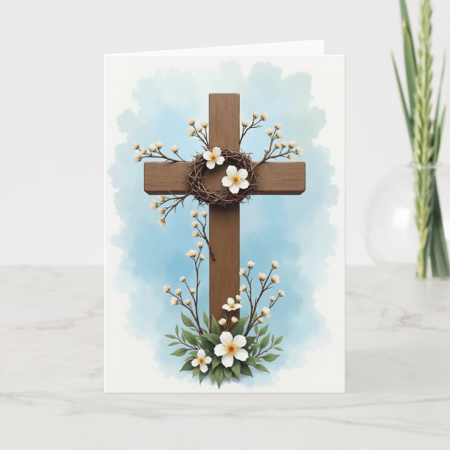 Cartão de Cena Esperançosa com Cruz em Flor (Frente)