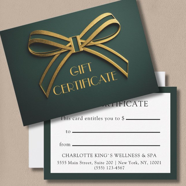 Cartão de Certificado de Oferta de Fita Verde e Do (Custom Elegant Green & Gold Ribbon Gift Certificate Card)