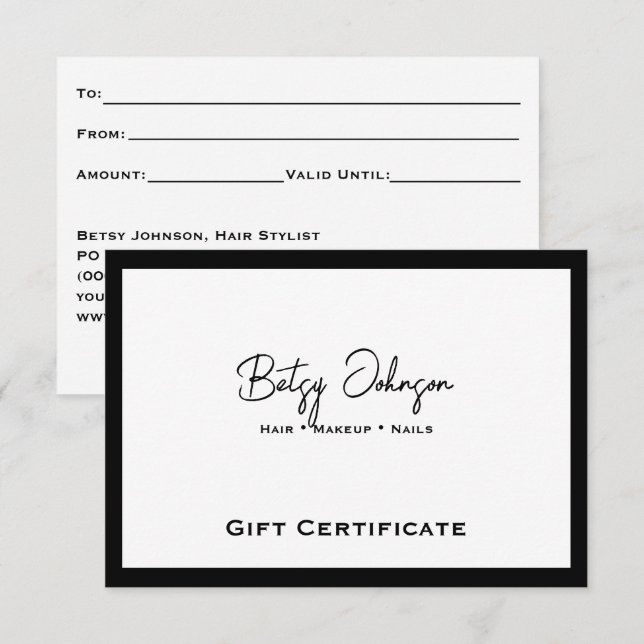 Cartão de Certificado de Presente Branco e Preto E (Frente/Verso)