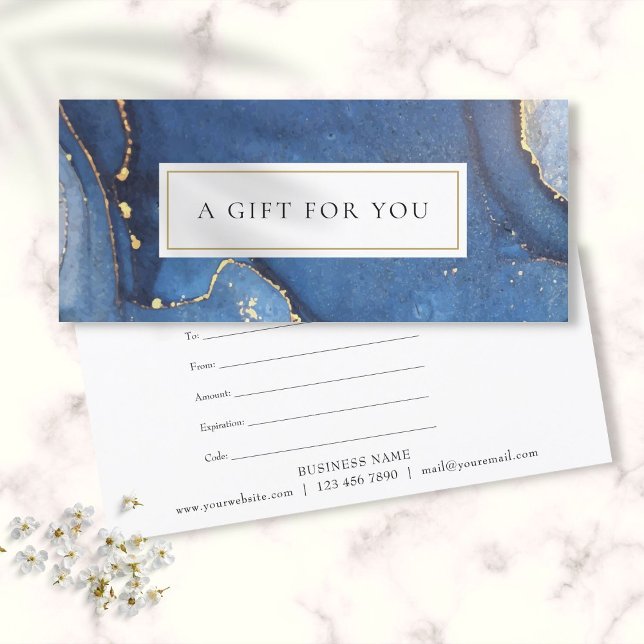 cartão de certificado de presente de mármore azul  (Chic Agate Marble Blue Gold Gift Certificate card)