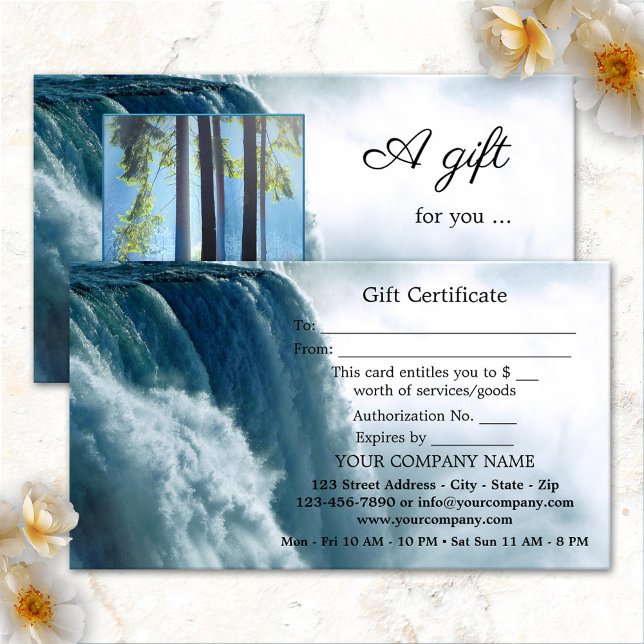 Cartão de Certificado de Presente de Spa de Beleza (Gift certificate business card featuring your photo framed by a waterfall - spa - massage therapist)