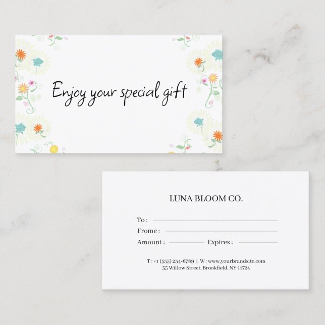Cartão de Certificado de Presente Floral para Negó (Frente/Verso)