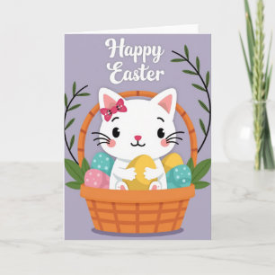Cartão de Cesta de Primavera de Gato Feliz