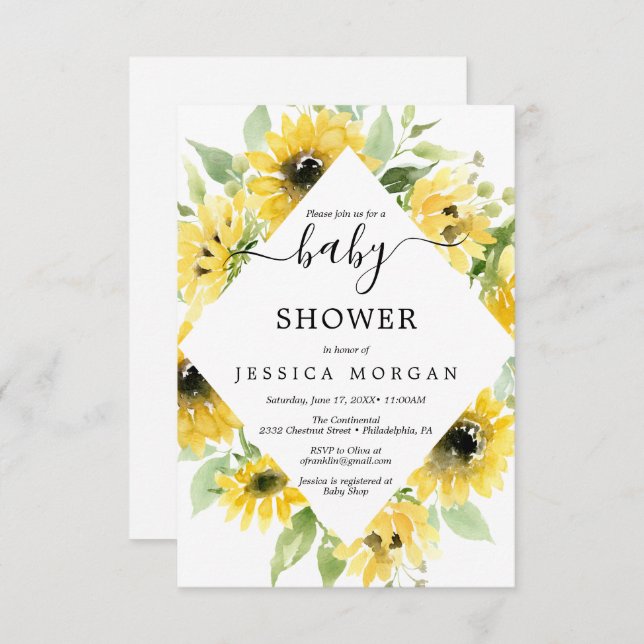 Cartão de Chá de fraldas de girassol (Frente/Verso)