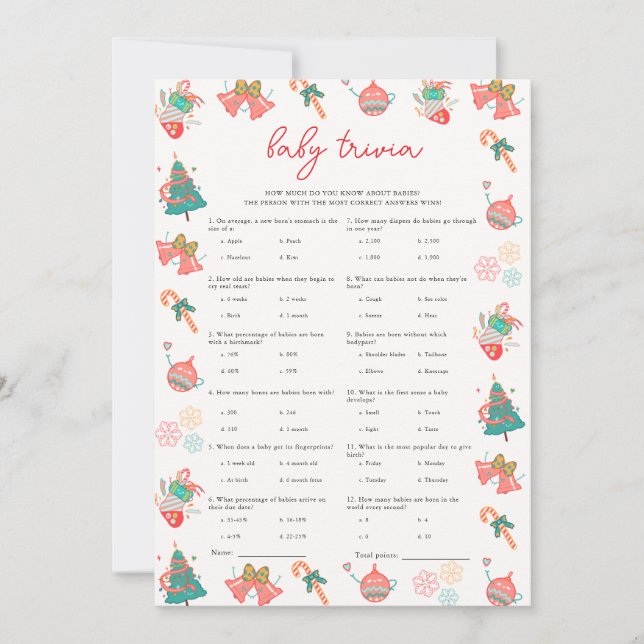 Cartão de Chá de fraldas de Natal para Bebê Trivia (Frente)