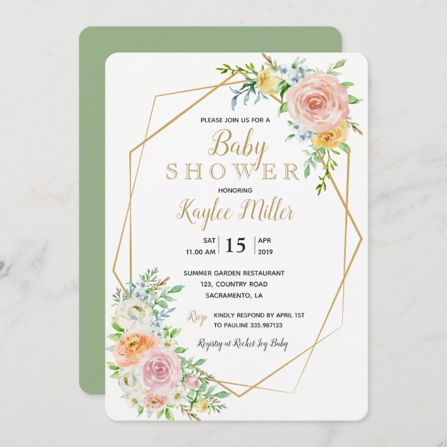 Cartão de Chá de fraldas geométrico de ouro floral (Frente/Verso)