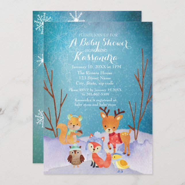 Cartão de Chá de fraldas para Animais da Floresta  (Frente/Verso)