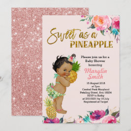 Cartão de chá de fraldas rosa de ananás dourados d